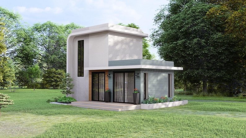 May include: A modern two-story house with a flat roof and a minimalist design. The exterior is primarily white with gray accents, large windows, and a small front porch. The house is surrounded by green grass and trees.