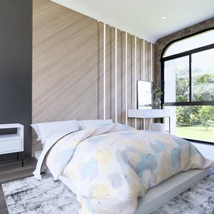 May include: A contemporary bedroom scene with a bed covered in a patterned duvet, a white bedside table, and a large window. The room features wooden panelling and a grey accent wall. A chest of drawers is visible.