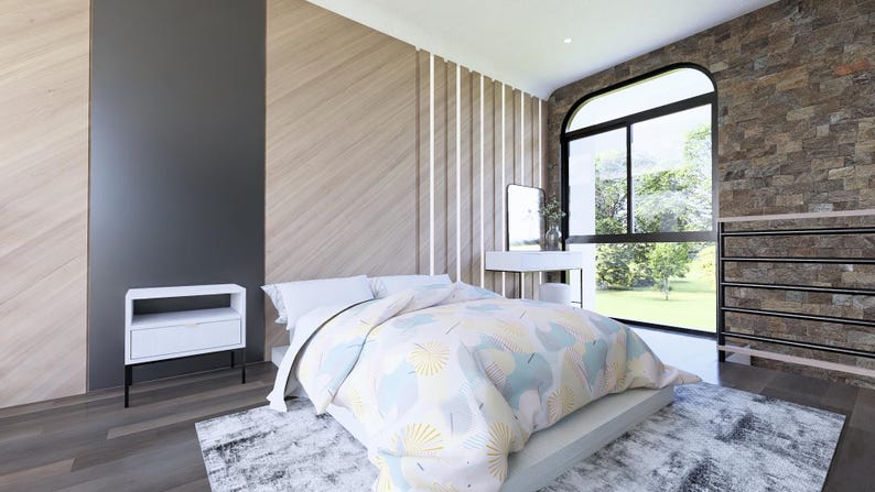 May include: A contemporary bedroom scene with a bed covered in a patterned duvet, a white bedside table, and a large window. The room features wooden panelling and a grey accent wall. A chest of drawers is visible.