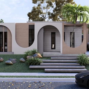 May include: A single-story house featuring a flat roof, light wood-toned siding, and prominent white arched architectural elements. The exterior includes vertical windows, a set of wide concrete steps leading to the entrance, and a white car parked.