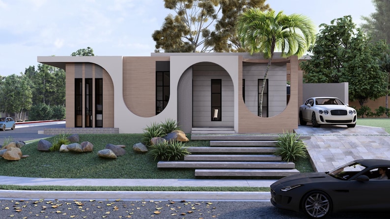 May include: A single-story house featuring a flat roof, light wood-toned siding, and prominent white arched architectural elements. The exterior includes vertical windows, a set of wide concrete steps leading to the entrance, and a white car parked.