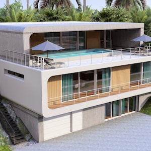 May include: Modern two-story house with a flat roof, a small pool, and a balcony. The house has large windows, a concrete exterior, and is surrounded by lush greenery. Two umbrellas provide shade on the balcony.