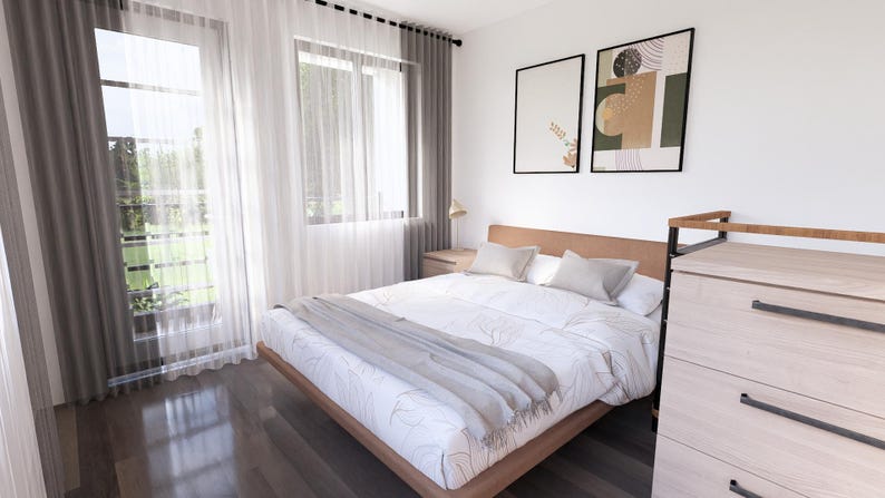 K&ouml;nnte beinhalten: Modernes Schlafzimmer mit Holzbett, wei&szlig;er Bettw&auml;sche und grauer Decke. Der Raum verf&uuml;gt &uuml;ber gro&szlig;e Fenster mit transparenten Vorh&auml;ngen, eine Kommode und gerahmte Kunstwerke. Der Boden ist aus dunklem Holz.