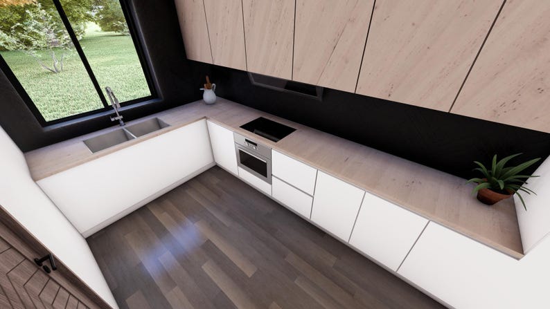 Puede incluir: Una cocina moderna con gabinetes blancos, un fregadero de acero inoxidable y un horno empotrado. La encimera es de madera clara y hay una peque&ntilde;a planta en maceta en el mostrador.