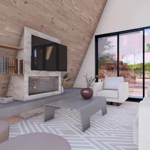 K&ouml;nnte beinhalten: Ein modernes Wohnzimmer mit Kamin, Fernseher und grauem Couchtisch. Der Raum verf&uuml;gt &uuml;ber ein wei&szlig;es Sofa, einen Sessel und einen gemusterten Teppich. Gro&szlig;e Fenster bieten einen Blick ins Freie. Die W&auml;nde sind mit Holz verkleidet.