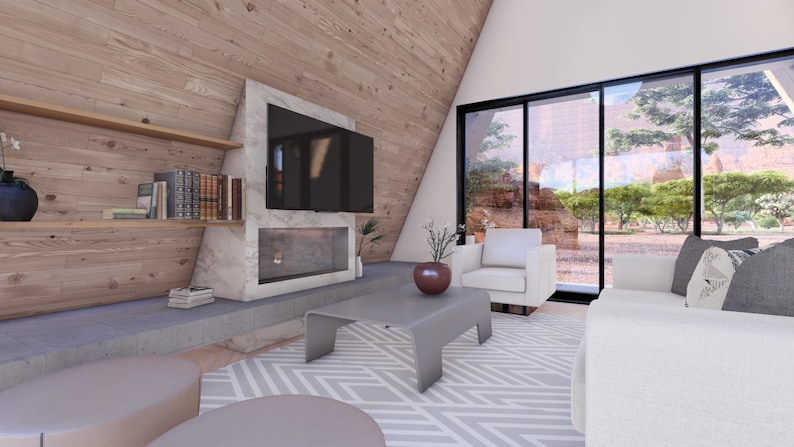 K&ouml;nnte beinhalten: Ein modernes Wohnzimmer mit Kamin, Fernseher und grauem Couchtisch. Der Raum verf&uuml;gt &uuml;ber ein wei&szlig;es Sofa, einen Sessel und einen gemusterten Teppich. Gro&szlig;e Fenster bieten einen Blick ins Freie. Die W&auml;nde sind mit Holz verkleidet.