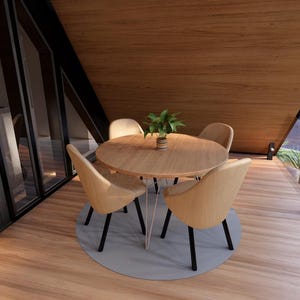 May include: A modern outdoor dining set featuring a round wooden table and four beige chairs with black legs. A small potted plant sits in the center of the table. The set is placed on a light gray rug, with a wooden wall and glass windows in the background.