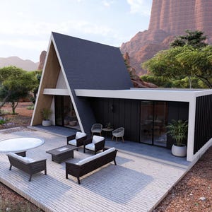 K&ouml;nnte beinhalten: A-Frame-H&uuml;tte mit dunkelgrauem Dach und schwarzen Au&szlig;enw&auml;nden. Die H&uuml;tte hat gro&szlig;e Fenster und eine Holzterrasse mit Gartenm&ouml;beln, darunter ein Sofa, St&uuml;hle und ein Couchtisch. Ein Whirlpool befindet sich ebenfalls auf dem Deck.