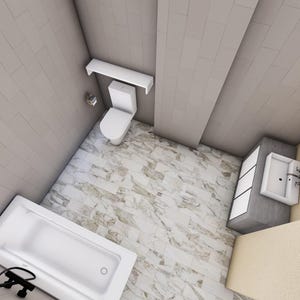 May include: An overhead view of a modern bathroom with a white toilet, sink, and bathtub. The walls are light gray, and the floor has a marble pattern. A black shower fixture is in the foreground.