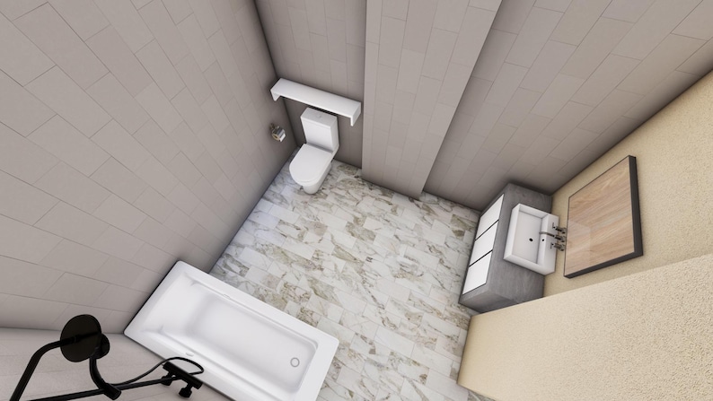 May include: An overhead view of a modern bathroom with a white toilet, sink, and bathtub. The walls are light gray, and the floor has a marble pattern. A black shower fixture is in the foreground.
