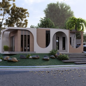 May include: A single-story house featuring a facade with beige and light brown panels, accented by large white arched architectural elements. The structure includes vertical windows, a set of concrete steps, and a driveway with a white car parked.