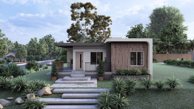 May include: A modern, single-story house with a flat roof and a combination of white and wood-paneled exterior walls. The house has a small porch with a black railing and a concrete staircase leading to the front door. Landscaping includes green grass, shrubs, and trees.