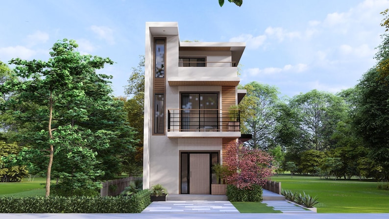 May include: A modern three-story house with a flat roof and a minimalist design. The exterior features a light-colored facade, large windows, and balconies. Lush green trees and a well-maintained lawn surround the house, creating a serene atmosphere.