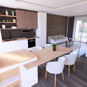 May include: A modern kitchen and dining area with white cabinetry, wooden accents, and a dining table with white chairs. The kitchen features a black oven and stovetop. A living room with a white sofa and a brick wall is visible in the background.