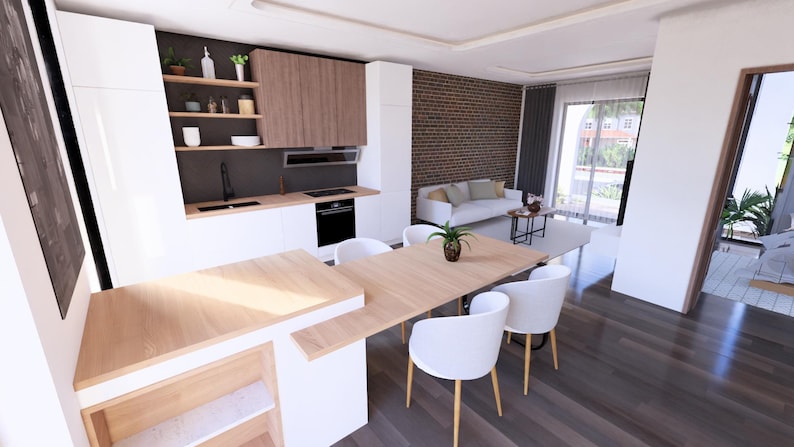 May include: A modern kitchen and dining area with white cabinetry, wooden accents, and a dining table with white chairs. The kitchen features a black oven and stovetop. A living room with a white sofa and a brick wall is visible in the background.