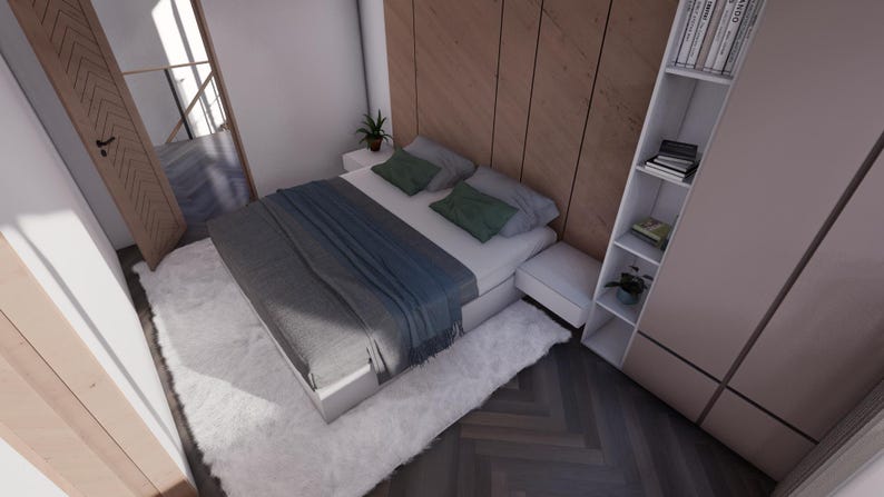 Puede incluir: Un dormitorio moderno con una cama blanca, ropa de cama gris y azul, y almohadas verdes. Una alfombra blanca y esponjosa cubre el suelo. Se ven una puerta de madera y un armario empotrado con estanter&iacute;as.