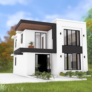 PLANO DE CASA MODERNA + ELEVACIÓN / (7x9 Metros) Diseño de casa pequeña moderna / Recorrido por la casa de 2 habitaciones / Lote pequeño
