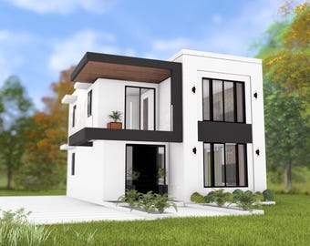 Modern Small House Floor Plan & Elevation: 2 Bedroom House Design (Digital Download)