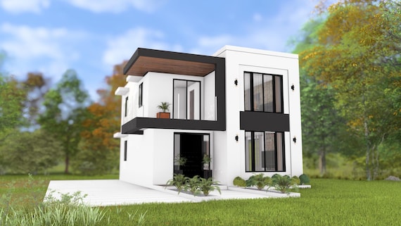 Modern Small House Floor Plan & Elevation: 2 Bedroom House Design (Digital Download)