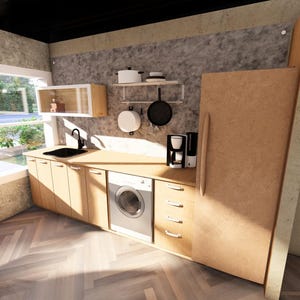 May include: A modern kitchen with light wood cabinets, a black sink, and a stainless steel washing machine. Appliances include a coffee maker, a refrigerator, and a hanging pot and pan rack. A brown armchair sits near a large window.