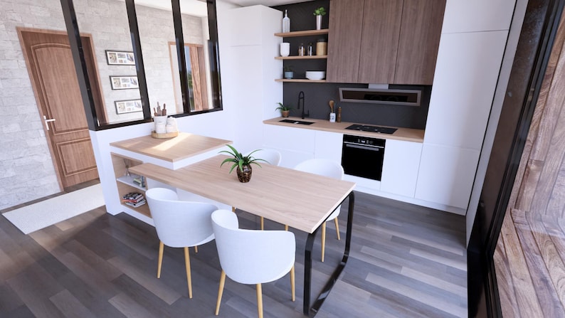 Peut inclure: Int&eacute;rieur de cuisine moderne avec des meubles blancs, des accents en bois et une table &agrave; manger avec des chaises blanches. La cuisine comprend un four encastr&eacute;, une plaque de cuisson et une petite plante sur la table. Le sol est en bois gris fonc&eacute;.