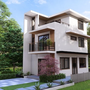 May include: A modern, three-story white house with a flat roof and dark-framed windows. The house has a balcony with black railings and is surrounded by lush greenery, including trees, bushes, and a manicured lawn. The house has a small fence.