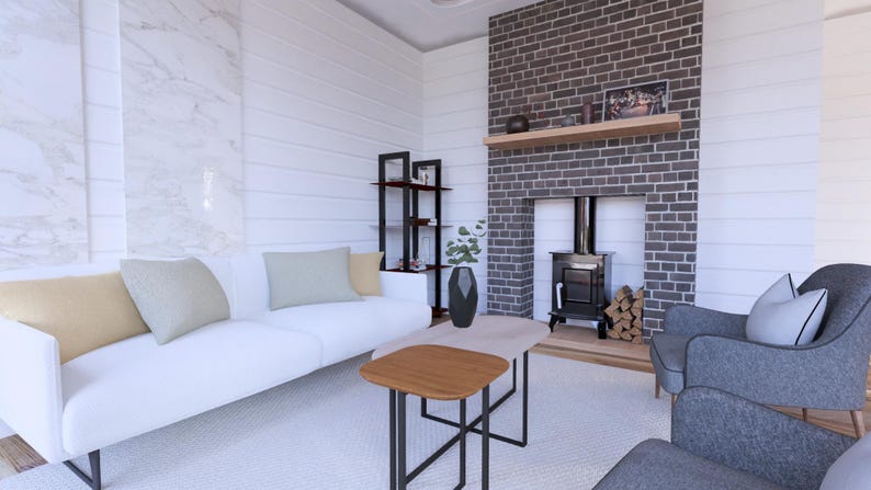 Puede incluir: Sal&oacute;n moderno con sof&aacute; blanco, sillones grises y mesa de centro de madera. Chimenea de ladrillo y estufa de le&ntilde;a que aportan calidez. Cojines decorativos y un jarr&oacute;n negro completan el acogedor interior.