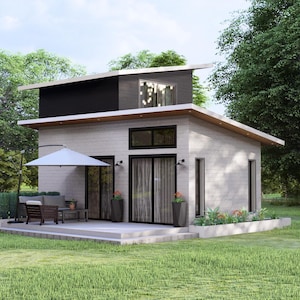 Plattegrond klein huis | (4 x 7 meter) klein huis | Tiny House-ontwerp met twee verdiepingen | 1 slaapkamer | Huisontwerpideeën