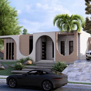 May include: A single-story house with a flat roof, featuring beige and white exterior walls with prominent arched architectural details. A white car is parked on a stone driveway, while a dark gray sports car is positioned on the street in front.