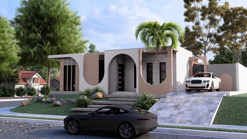 May include: A single-story house with a flat roof, featuring beige and white exterior walls with prominent arched architectural details. A white car is parked on a stone driveway, while a dark gray sports car is positioned on the street in front.