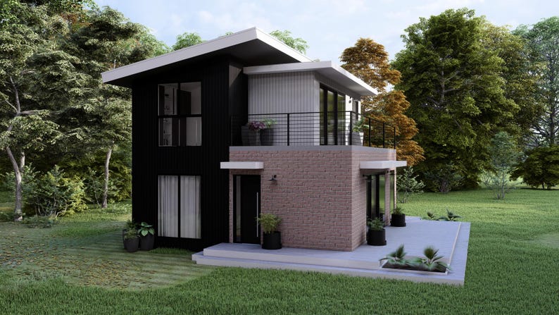 Op de afbeelding: Een modern huis met twee verdiepingen, een zwart exterieur en een wit dak. Het huis heeft grote ramen, een balkon met een zwarte balustrade en een bakstenen gevel. De landschapsarchitectuur omvat potplanten en een groen gazon.