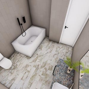 May include: An overhead view of a modern bathroom with a white bathtub, toilet, and sink. The floor is tiled with a marble pattern. A black shower head and faucet are mounted on the wall. A mirror and a small plant are also visible.