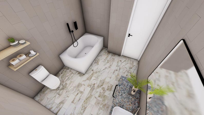 May include: An overhead view of a modern bathroom with a white bathtub, toilet, and sink. The floor is tiled with a marble pattern. A black shower head and faucet are mounted on the wall. A mirror and a small plant are also visible.