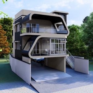 May include: Modern three-story house with a unique architectural design. The building features a black and beige facade, curved balconies, and large glass windows. The house is surrounded by lush green trees and a driveway.