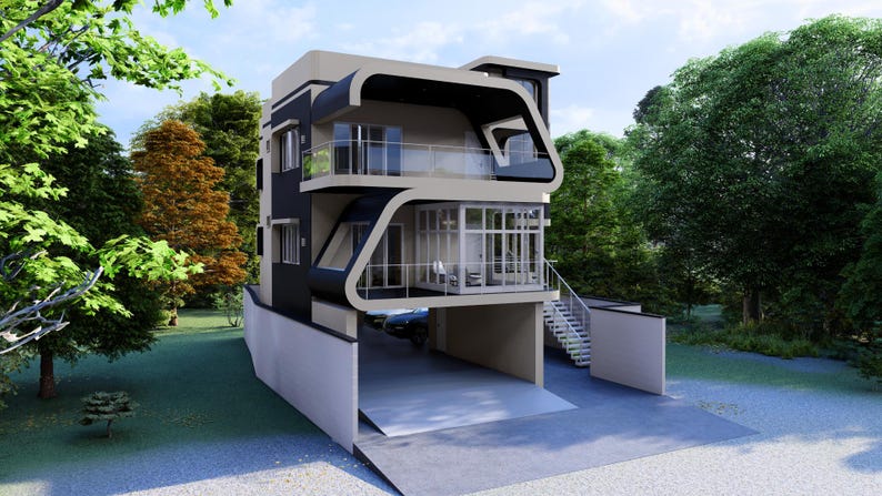 May include: Modern three-story house with a unique architectural design. The building features a black and beige facade, curved balconies, and large glass windows. The house is surrounded by lush green trees and a driveway.