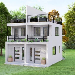 K&ouml;nnte beinhalten: Ein modernes, zweist&ouml;ckiges wei&szlig;es Haus mit schwarzen Gel&auml;ndern und Verkleidungen. Das Haus hat ein Flachdach mit einem kleinen Balkon und einer Dachterrasse mit Pflanzgef&auml;&szlig;en. Das Haus ist von gr&uuml;nem Gras und B&auml;umen umgeben.
