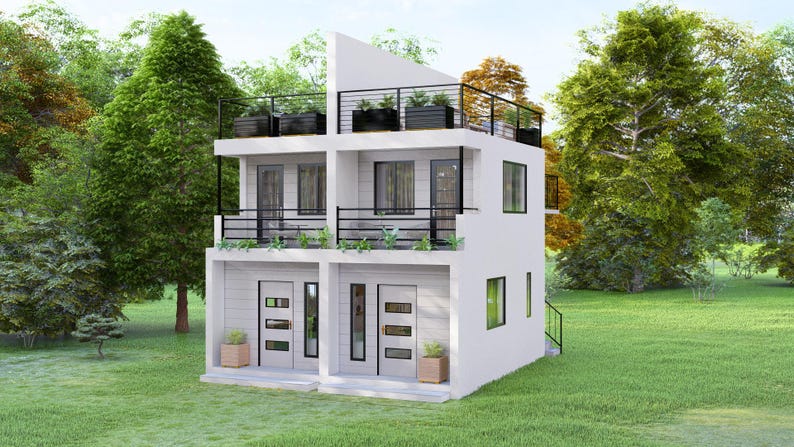 K&ouml;nnte beinhalten: Ein modernes, zweist&ouml;ckiges wei&szlig;es Haus mit schwarzen Gel&auml;ndern und Verkleidungen. Das Haus hat ein Flachdach mit einem kleinen Balkon und einer Dachterrasse mit Pflanzgef&auml;&szlig;en. Das Haus ist von gr&uuml;nem Gras und B&auml;umen umgeben.