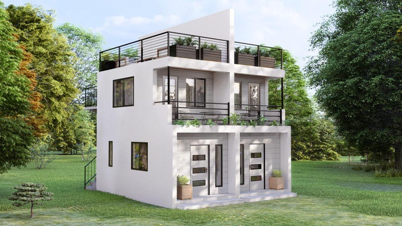 K&ouml;nnte beinhalten: Ein modernes, zweist&ouml;ckiges wei&szlig;es Haus mit Flachdach und schwarzen Gel&auml;ndern. Das Haus hat mehrere Fenster und T&uuml;ren, mit kleinen Topfpflanzen auf den Balkonen und dem Dach. Das Haus ist von gr&uuml;nem Gras und B&auml;umen umgeben.