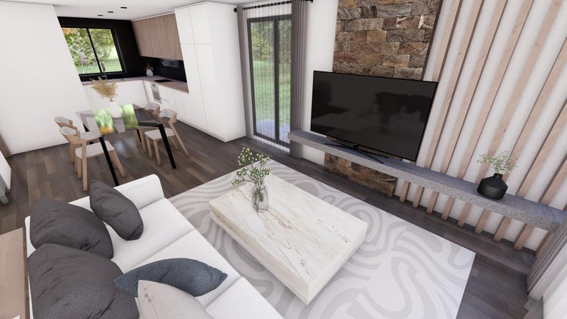 Puede incluir: Un sof&aacute; blanco con almohadas negras se encuentra en una sala de estar con una mesa de caf&eacute; blanca y una alfombra blanca. Un televisor de pantalla plana est&aacute; montado en la pared sobre una chimenea de piedra.