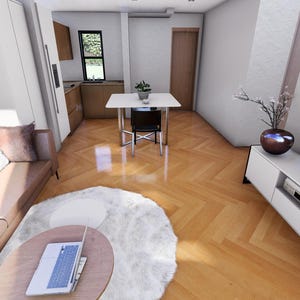 Puede incluir: Vista interior de un espacio de vida moderno con un sof&aacute; marr&oacute;n claro, una mesa de centro redonda con un port&aacute;til y una alfombra blanca. La habitaci&oacute;n cuenta con un mueble de TV blanco con una gran TV y suelo de madera.