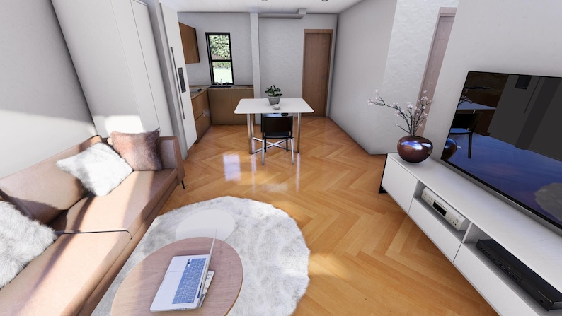 Puede incluir: Vista interior de un espacio de vida moderno con un sof&aacute; marr&oacute;n claro, una mesa de centro redonda con un port&aacute;til y una alfombra blanca. La habitaci&oacute;n cuenta con un mueble de TV blanco con una gran TV y suelo de madera.