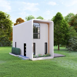 May include: A contemporary two-storey white house with a curved design, situated in a grassy area surrounded by trees. The house features a large window and a small garden. The overall aesthetic is minimalist and modern.