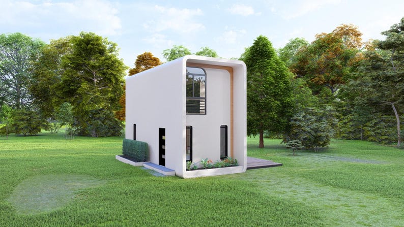 May include: A contemporary two-storey white house with a curved design, situated in a grassy area surrounded by trees. The house features a large window and a small garden. The overall aesthetic is minimalist and modern.