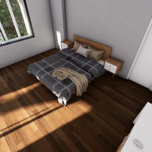 May include: A bedroom interior with a bed, nightstands, and a window. The bed has a gray and white checkered comforter and pillows. A guitar leans against the wall. The room has hardwood floors and a white door.