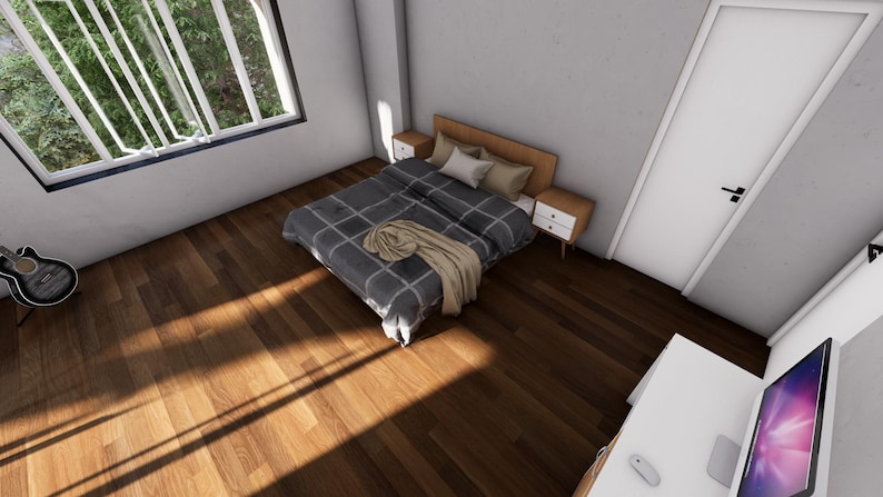 May include: A bedroom interior with a bed, nightstands, and a window. The bed has a gray and white checkered comforter and pillows. A guitar leans against the wall. The room has hardwood floors and a white door.