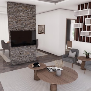 May include: An interior design rendering of a modern living space. Features include a stone accent wall with a mounted television, two gray armchairs, and a wooden coffee table. The room has hardwood floors and a neutral color palette.