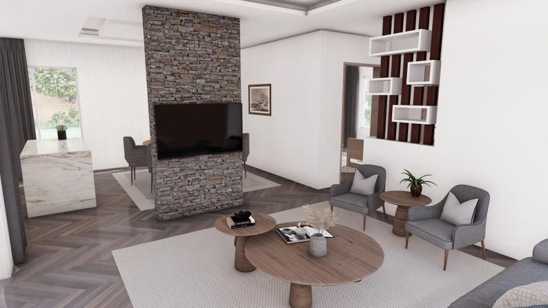 May include: An interior design rendering of a modern living space. Features include a stone accent wall with a mounted television, two gray armchairs, and a wooden coffee table. The room has hardwood floors and a neutral color palette.