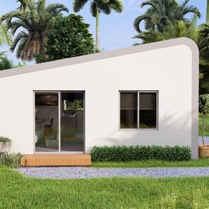 May include: A contemporary, white, single-storey house with a grey roof and curved edges. It features a sliding glass door and a window. The house is set in a verdant landscape of grass and palm trees, with a gravel path leading to the entrance.