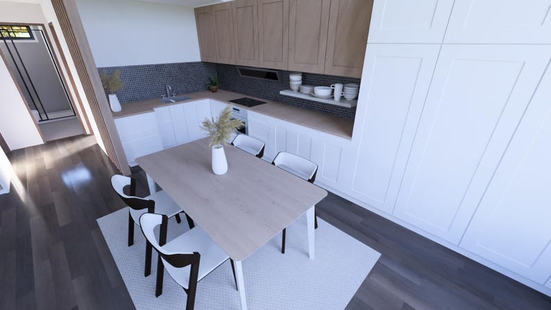 K&ouml;nnte beinhalten: Eine moderne K&uuml;che und ein Essbereich mit einem Esstisch aus hellem Holz und vier wei&szlig;en St&uuml;hlen. Die K&uuml;che verf&uuml;gt &uuml;ber wei&szlig;e Schr&auml;nke, eine dunkle R&uuml;ckwand und obere Schr&auml;nke aus hellem Holz. Auf dem Tisch steht eine Vase mit Trockenblumen.