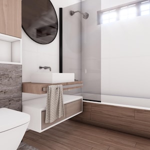 May include: Modern bathroom design featuring a white toilet, sink, and bathtub. The space includes wooden cabinets, a large round mirror, and a shower with a glass door. The walls are white with a stone accent.